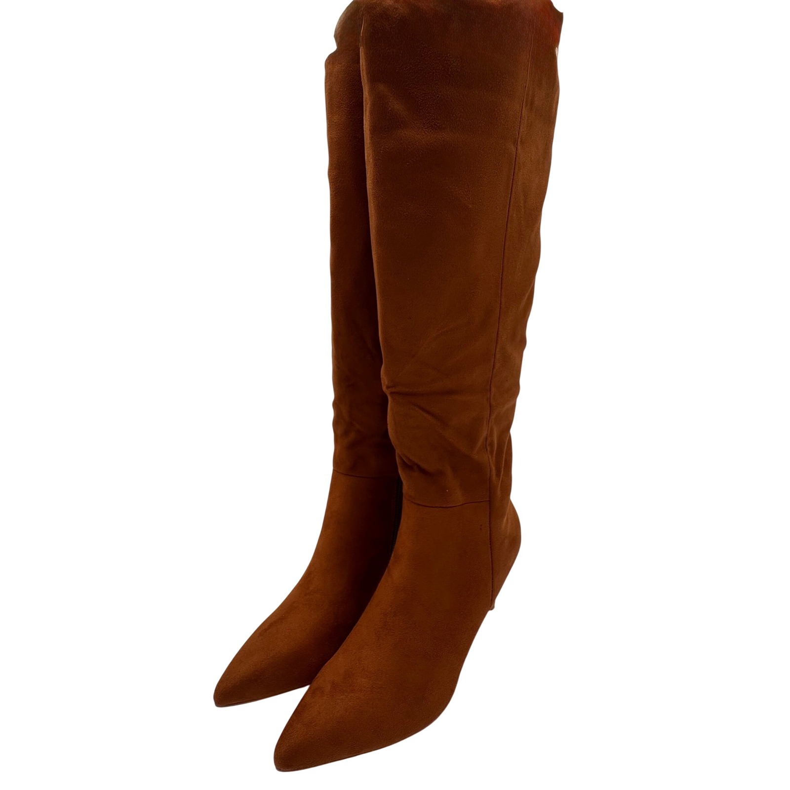 Women's Brown Pointed Toe Knee High Boots Size 7.5 Faux Suede Kitten Heel New